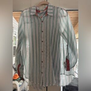 Hem & Thread Green and White Striped Blouse with Red Accents